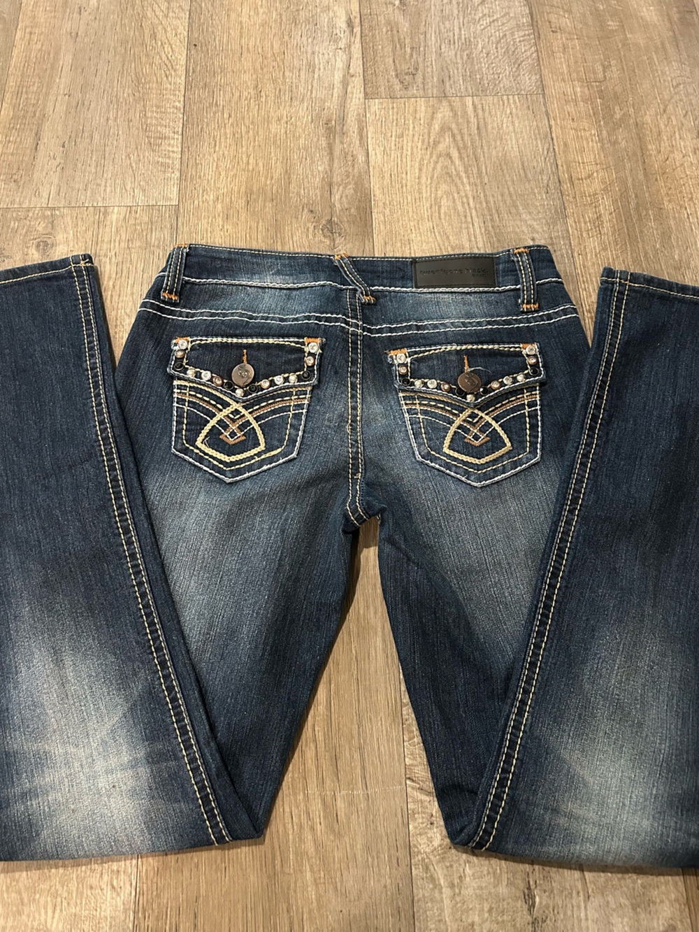 Y2K Dark Blue Low-Rise Flare Jeans with Rhinestone Detail. Size: 5/6